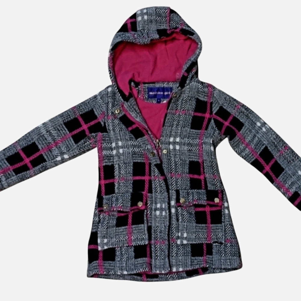 Madden Girl Black, Gray & Pink Plaid Hooded Coat